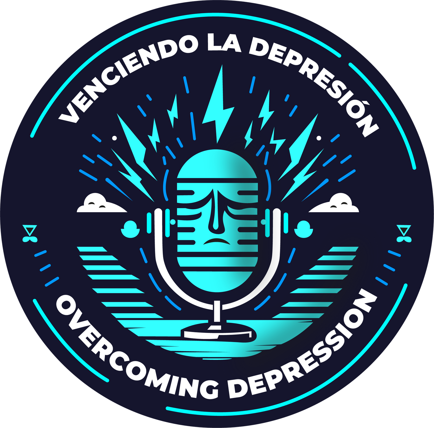 Logo with a microphone and text 'Venciendo La Depresión Overcoming Depression' on a dark background